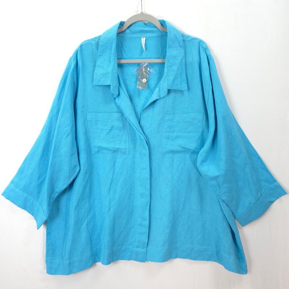 Passport Linen Blend Button Front‎ Shirt Women 3X Turquoise Short Sleeve Coastal